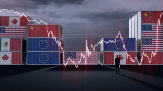 Conceptual illustration showing stacked shipping containers painted with the American, Chinese, European Union, Canadian and Mexican flags, symbolizing trade and export/import industry. A man stands observing a volatile financial graph overlayed across the scene, representing the instability and fluctuations in the global or national market. The image conveys themes like trade tariffs, economic uncertainty, supply chain disruptions, and financial risk. 3D render