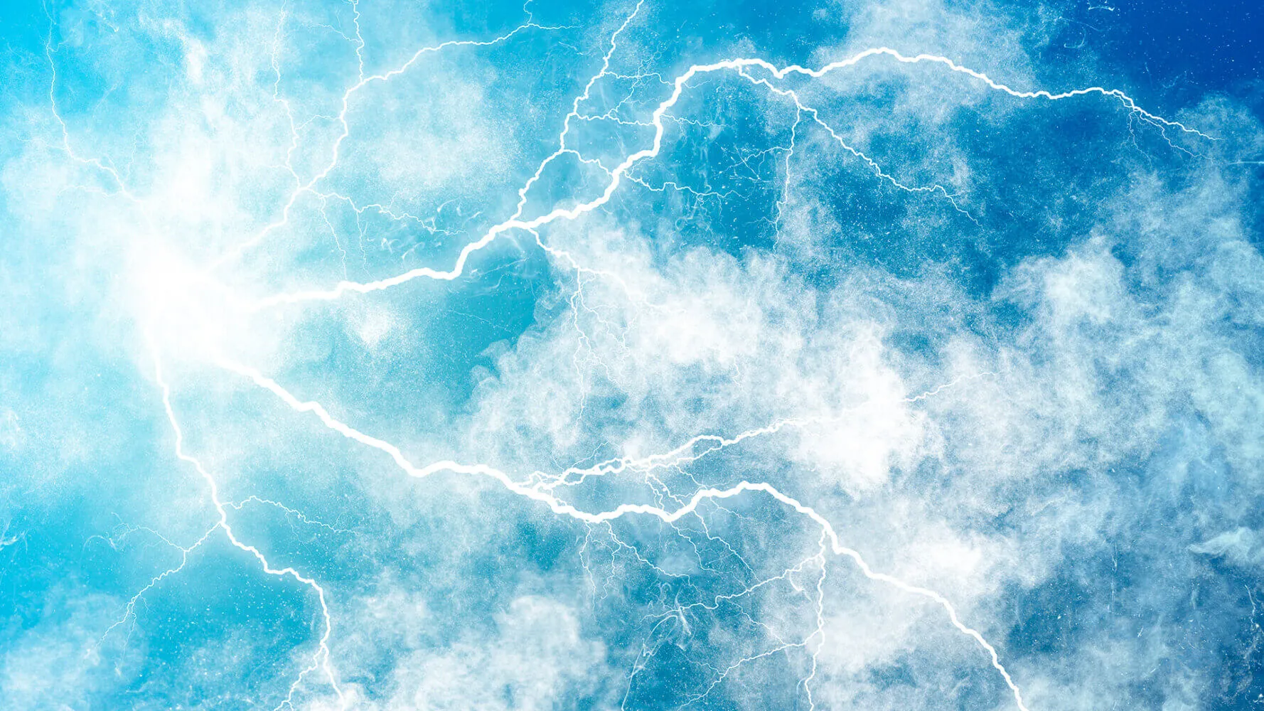 Electric blast of white smoke and sparks with lightning on a blue background.