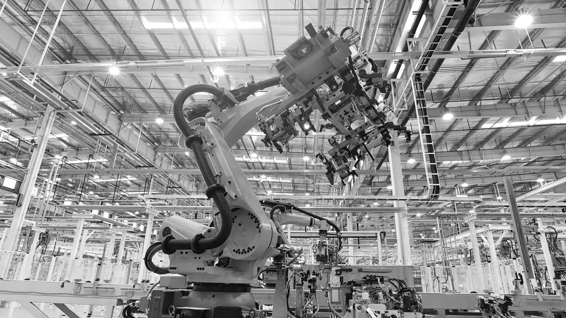 Automobile plant, Industrial machinery automatic arm welding cars robot in production line of vehicle manufacturer factory